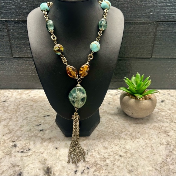 Jewelry - Long Blue/Brown Gold Tassel Necklace